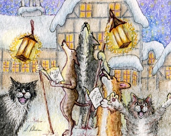 Border collie corgi whippet greyhound cat dog 5x7 and 8x10 art prints by Susan Alison choir practice singing carols carolling choral music