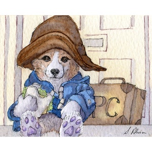 Pembroke Welsh Corgi dog 5x7 8x10 print poster pup from Susan Alison painting bear with his cheese and lettuce sandwich duffle coat suitcase