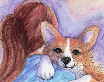Welsh Corgi dog signed art print 5x7 and 8x10 inches from Susan Alison watercolour painting hugs always available comfort dog where I belong
