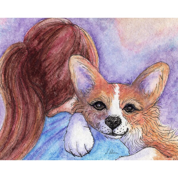 Welsh Corgi dog signed art print 5x7 and 8x10 inches from Susan Alison watercolour painting hugs always available comfort dog where I belong