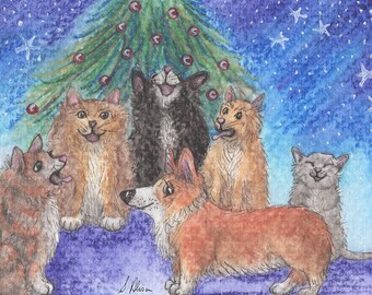 Carol singing cats Welsh Corgi dog 5x7" and 8x10" print pup poster Xmas from a Susan Alison watercolour painting yowling howling carols