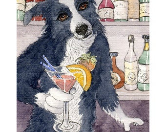 Border Collie dog barkeeper 5x7 and 10x8 inches art print tending bar serving drinks sheepdog host landlord from a Susan Alison painting