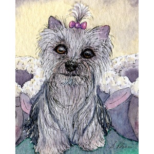 Yorkshire Terrier Yorkie dog 5x7 & 8x10 print poster from a Susan Alison watercolor painting waiting impatiently for favourite TV programme