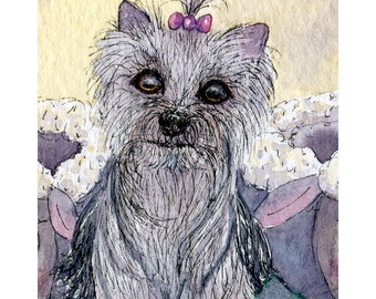 Yorkshire Terrier Yorkie dog 5x7 & 8x10 print poster from a Susan Alison watercolor painting waiting impatiently for favourite TV programme