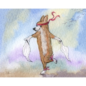 Morris dancing Welsh Corgi dog 8x10 & 5x7 print from a Susan Alison watercolour painting English folk dance waving white handkerchief hanky