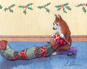 Welsh Corgi dog pup knitting Christmas stocking signed art print 5x7 and 8x10 inches from a Susan Alison watercolour painting festive season