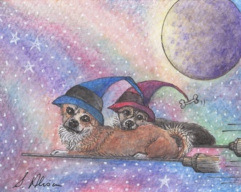 Welsh Corgi dog 5x7 and 8x10 art print double trouble Susan Alison painting witch flying broomstick night sky Halloween costume trick treat