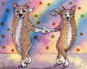 Two Corgi dogs 5x7 & 8x10 signed art print poster from a watercolour painting Susan Alison dancers dancing cha-cha-cha Latin dance partners