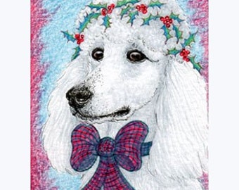 White Poodle 5x7 & 8x10 inch art print poster she was dreaming of a white Christmas from a watercolour painting by Susan Alison holly wreath