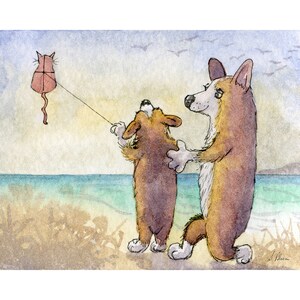 Welsh Corgi dog 5x7 and 8x10 art prints learning to fly kitty kite father son bonding from a Susan Alison painting cat shaped by the seaside