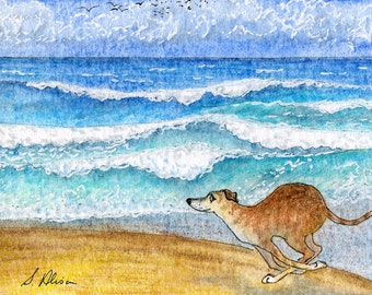 Greyhound, whippet dog 5x7 & 8x10 print morning run on the beach by th ocean seaside seascape lurcher from Susan Alison watercolour painting