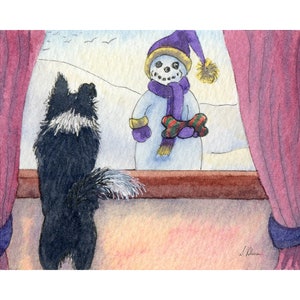 Border Collie dog 5x7 and 8x10 art print poster sheepdog snowman bearing gifts presents looking out of window from a Susan Alison painting