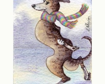 Greyhound Whippet signé affiche d’impression d’art 5x7 & 8x10 pouces tailles glace patinage artistique de Noël patineur de Noël paysage enneigé par Susan Alison