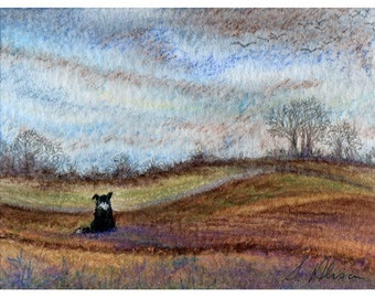 Border collie dog landscape 8x10 & 5x7 signed print birds fly south fields view flock countryside taken frm Susan Alison watercolor painting