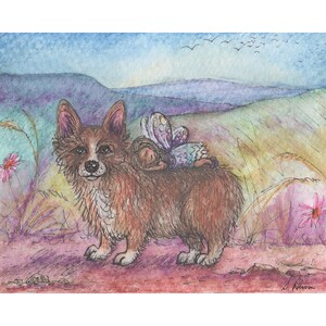 Welsh Corgi dog 5x7 8x10 11x14 signed art print from a watercolour painting by Susan Alison fantasy fairy rider trusty steed having a nap