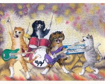 Cat kitten rock band art signed 8x10 and 5x7 inch print from a Susan Alison painting music musicians singing vocals guitar drummer keyboard