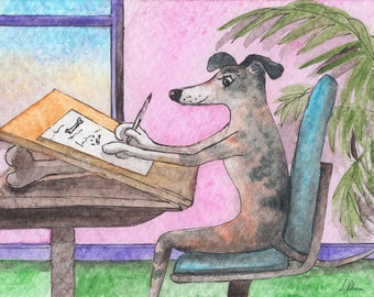 Whippet greyhound dog 5x7 and 8x10 inch signed art prints poster from Susan Alison watercolour painting pen pal writing a letter at his desk