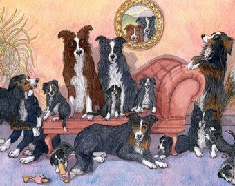 Border collie dog 5x7 and 8x10 art prints poster family portrait occasion annual meetup from a Susan Alison watercolour painting photo album