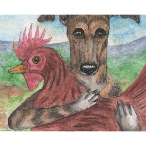 chicken galgo IG Whippet greyhound dog 8x10 and 5x7 print poster from a Susan Alison watercolour painting hug a hen brindle cuddle a chook