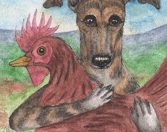 chicken galgo IG Whippet greyhound dog 8x10 and 5x7 print poster from a Susan Alison watercolour painting hug a hen brindle cuddle a chook