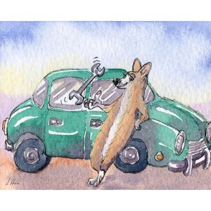 Welsh Corgi dog signed art print poster in 5x7 and 8x10 inches from a Susan Alison watercolour painting garage mechanic working out bill car