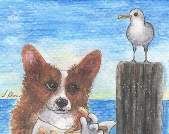 Pembroke Welsh Corgi dog 5x7 8x10 print pup from a Susan Alison painting eating potato fish and chips by the seaside watched by seagull