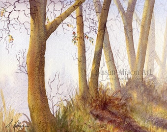 Signé 5x7 et 8x10 pouces paysage imprime affiche à côté du lac frm Susan Alison aquarelle peinture bois pic automne arbres lumière du matin