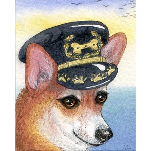 Print Welsh Corgi dog 5x7 8x10 poster picture from Susan Alison watercolour painting wearing hat cap captain pup commander of ship officer