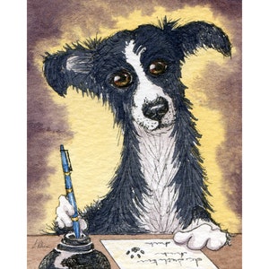 Pen pal Border Collie dog 5x7 8x10 art print sheepdog hand writing letter from a watercolour painting by Susan Alison writer composing note