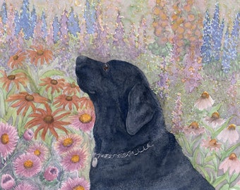 Black Labrador Retriever floral signed dog art print poster signed 5x7 & 8x10 inch black lab in garden flowers from a Susan Alison painting