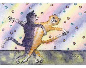 May include: Watercolor painting of two cats dancing. One cat is dark gray with a striped tail, and the other is orange. They are embracing each other on a background of pastel colors and confetti.