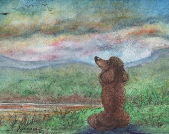 Brown poodle dog landscape 5x7 and 8x10 art print from a watercolour painting by Susan Alison talking to the breeze hills countryside view