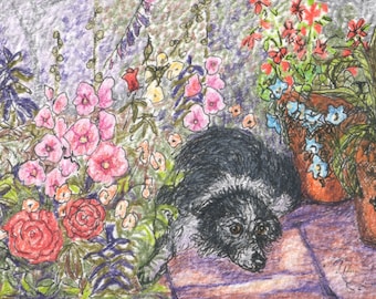 Border Collie dog 5x7 and 8x10 art prints poster from a Susan Alison painting sheepdog lying amongst the flowers in garden by Susan Alison