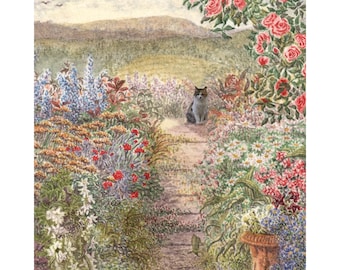 Dilute calico cat in garden 8x10 and 5x7 inches art print flowers floral roses Susan Alison watercolour painting garden view landscape birds