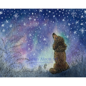 Poodle dog 5x7 and 8x10 art print looking for inspiration in the stars heavens above starry night from watercolour painting Susan Alison