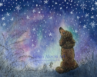 Impression d'art caniche chien 5 x 7 et 8 x 10 à la recherche d'inspiration dans le ciel étoilé au-dessus de la nuit étoilée de la peinture à l'aquarelle Susan Alison