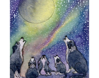 Border Collie dog 5x7 & 8x10 inch art print tribute to absent friends howling at the moon night singing family pups remembering missing old