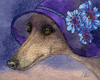 Whippet greyhound slim hound of Mystery dog art signed 8x10 and 5x7 print from a watercolour painting by Susan Alison dog hat purple flowers