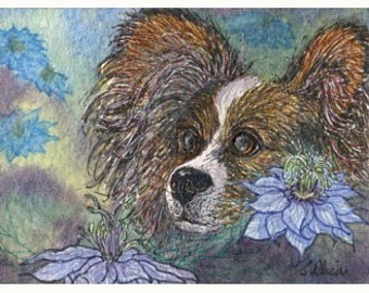 Papillon Butterfly dog 8x10 5x7 art print continental toy spaniel phalene pap hiding in flowers from Susan Alison painting Love in the Mist