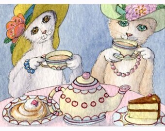 Cats in hats taking tea and cake 5x7 and 8x10 print poster in the cafe from Susan Alison watercolour painting danish chocolate icing sponge