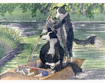 S'amuser sur la rivière - Chiot border collie descendant la rivière en barque 20 x 10 pouces, impression d'art signée par Susan Alison, couple de chiens de berger en bateau