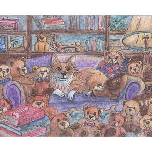 Welsh Corgi dog 5x7 & 8x10 art prints thinking seriously about decluttering his clutter from a Susan Alison watercolour painting teddy bear