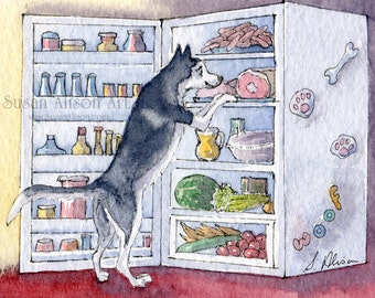 Siberian husky dog 5x7 & 8x10 inch art print Sibe choosing from fridge making decisions trying decide from Susan Alison watercolor painting