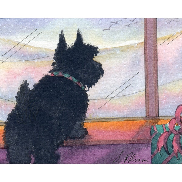 Scottish Terrier dog 8x10 print Aberdeen terrier Scottie attendant la neige toujours plein d’espoir de la peinture à l’aquarelle de Susan Alison