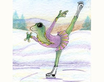 Ice skating frog signed art print in two different sizes 5x7 & 8x10 inches skater whirl snowy scene landscape fir trees by Susan Alison