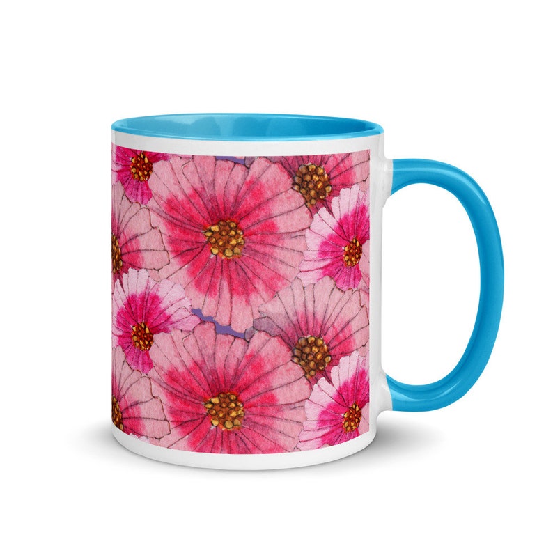 Pink flowers mug with color inside unique design by Susan | Etsy