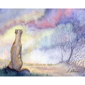 Whippet greyhound dog art print 5x7 and 8x10 dawn landscape lurcher sighthound watching sunrise view from a Susan Alison watercolor painting