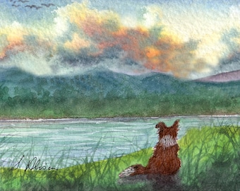 Border Collie dog 5x7 & 8x10 inch print poster down by the riverside landscape red brown and white from a Susan Alison watercolour painting