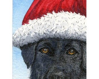 Black Labrador retriever dog in holiday hat 5x7 and 10x8 inches print poster from a Susan Alison watercolour painting Christmas black lab