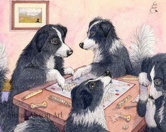 Border Collie dog 5x7 and 8x10 art print sheepdog playing Scrabble board game words tiles letters from Susan Alison watercolour painting